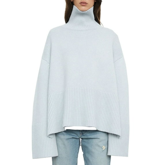 Lilgiuy Women's Casual Long Sleeve Turtleneck Sweater Side Slit Knitted Loose Blouse Streetwear