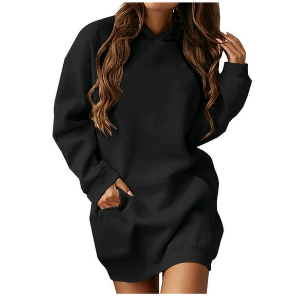 Lilgiuy Women's Casual Long-sleeve Pocket Pullover Hoodie Dress Waist Sweatshirt Solid Dress Black Fall Fall Clothes for 2022 Spring Winter Spring Winter