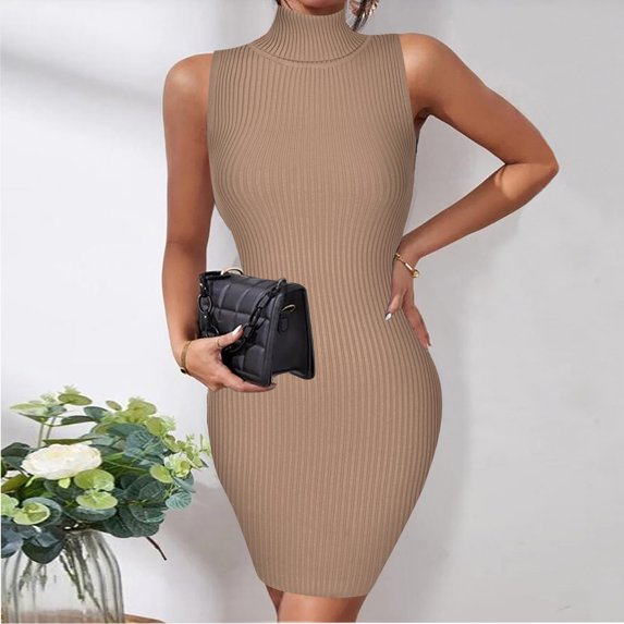 Lilgiuy Women's Casual Slim Fit Solid Color Turtleneck Sleeveless Hip Dress Fall Dresses for 2022 Spring Winter