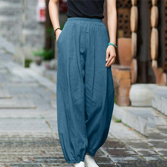 Lilgiuy Women's Casual Slim High Elastic Waist Solid Color Sports Cotton And Jute Pants for Party Club Birthday