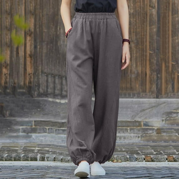 Lilgiuy Women's Casual Slim High Elastic Waist Solid Color Sports Cotton And Linen Pants Best Gift for Friends or Family