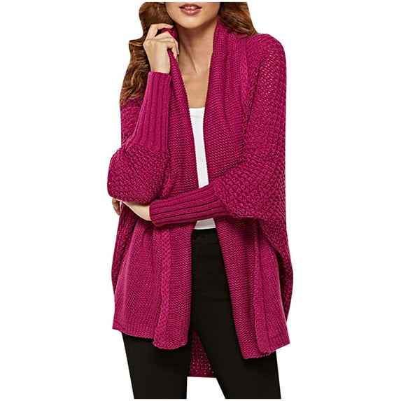 Lilgiuy Women's Casual Solid Color Loose Knit Top Long Sleeve Cardigan Sweater V-Neck Sweater,Hot Pink,6(One Size) Winter Clothes for 2022