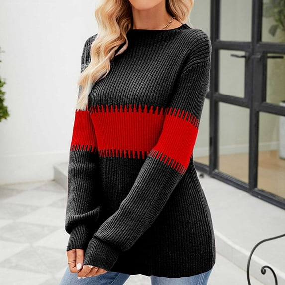 Lilgiuy Women's Casual Stripe Round Neck Sweater Color Block Top Outwear