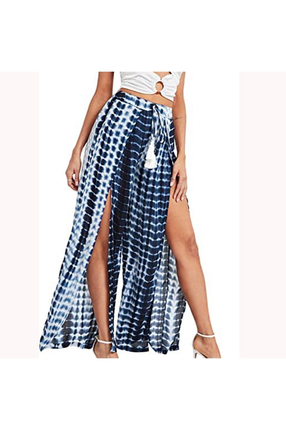 Women's Casual Tassel Lace Up Printed Split Wide Leg Pants Beach Palazzo Pants