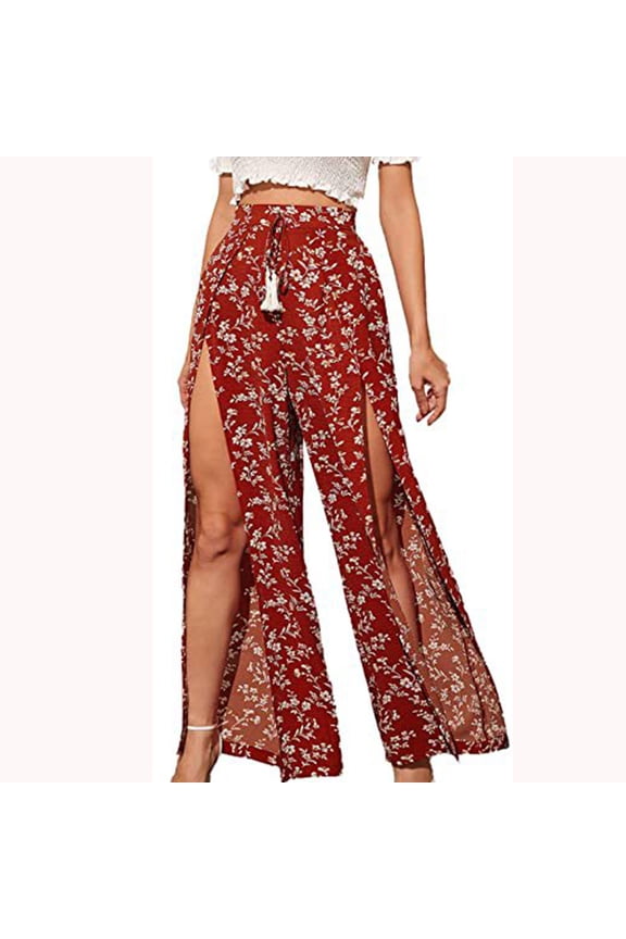 Women's Casual Tassel Lace Up Printed Split Wide Leg Pants for Going Out Travel