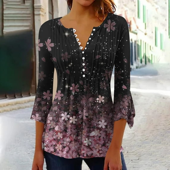 Lilgiuy Women's Casual Trumpet 3/4 Sleeve Printed Buttoned Basic Ruched Tops Pleated T-shirts Blouses for Going Out