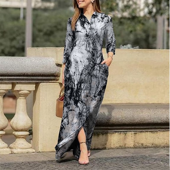 Lilgiuy Women's Casual Turn-down Collar Long Sleeve With Pocket Printed Long Dresses Performance Active Dance Dress