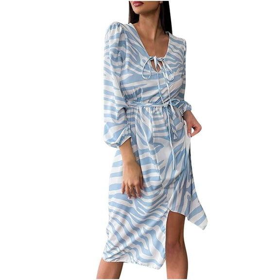 Lilgiuy Women's Casual V Neck Stripe Printing Lacing Long Sleeve Dress Light blue,6 Fall Dresses for 2022 Spring Winter
