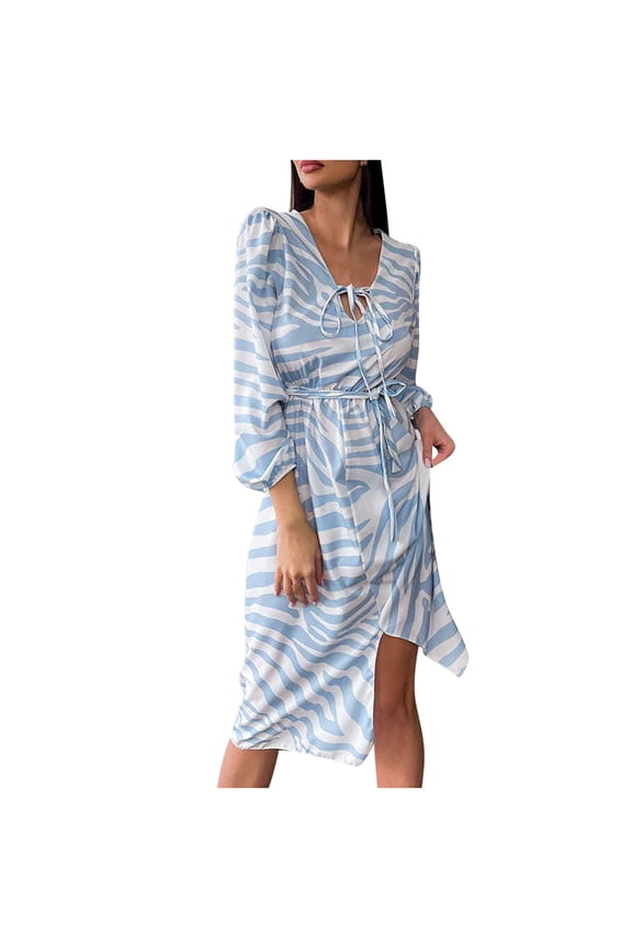 Women's Casual V Neck Stripe Printing Lacing Long Sleeve Dress Light blue,8 Fall Dresses for 2022 Spring Winter