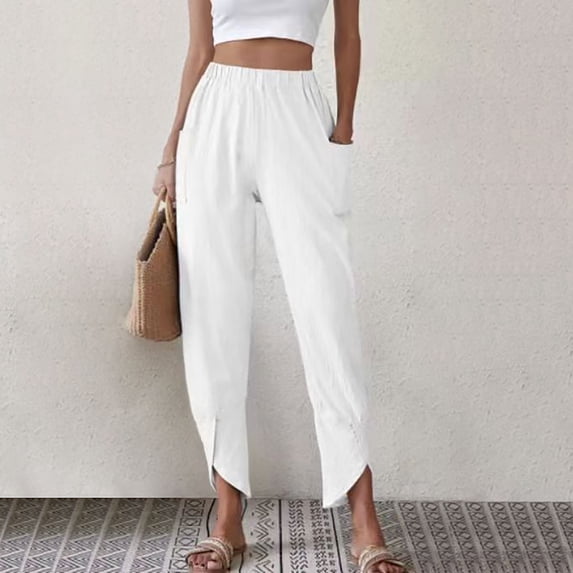 Lilgiuy Women's Casual Wide Leg Pants Solid Elastic Waist Loose Long Pants With Pocket Lightweight Versatile Going Out Pants