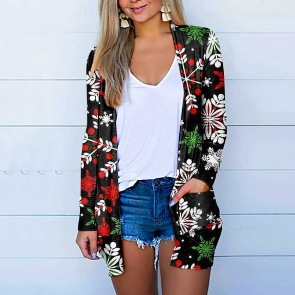 Lilgiuy Women's Christmas Printed Coat Long Sleeve Cardigan With Pocket Loose Casual Blouse Tops Black ，10（XL） Winter Clothes for 2022