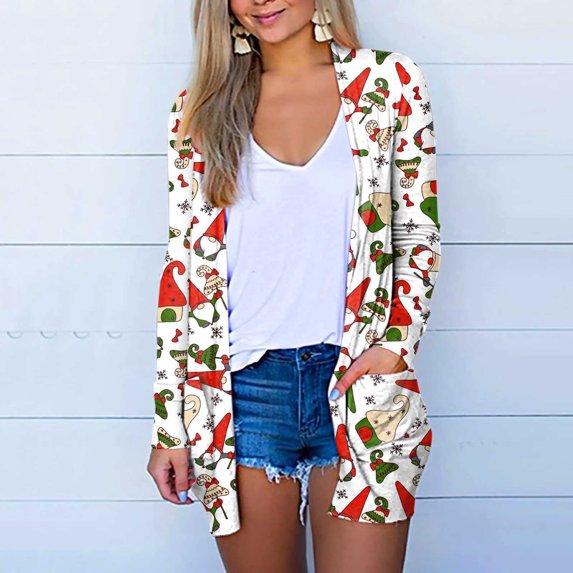 Lilgiuy Women's Christmas Printed Coat Long Sleeve Cardigan With Pocket Loose Casual Blouse Tops White,6(M) Winter Clothes for 2022