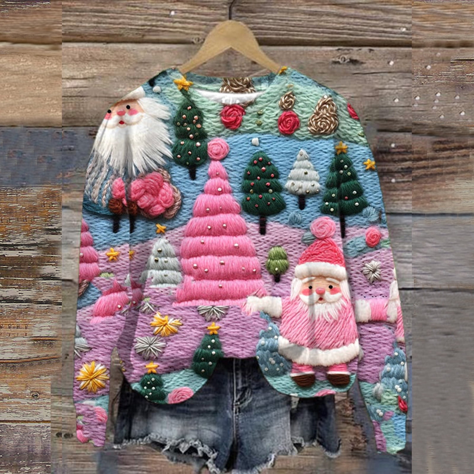 Lilgiuy Women's Christmas Sweater Cute 3D Santa Xmas Tree Print Long ...