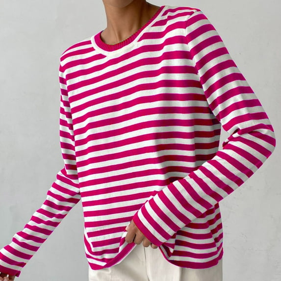 Lilgiuy Women's Comfortable Stripe Long Sleeve Round Neck Sweater Top for Beach Hawaiian