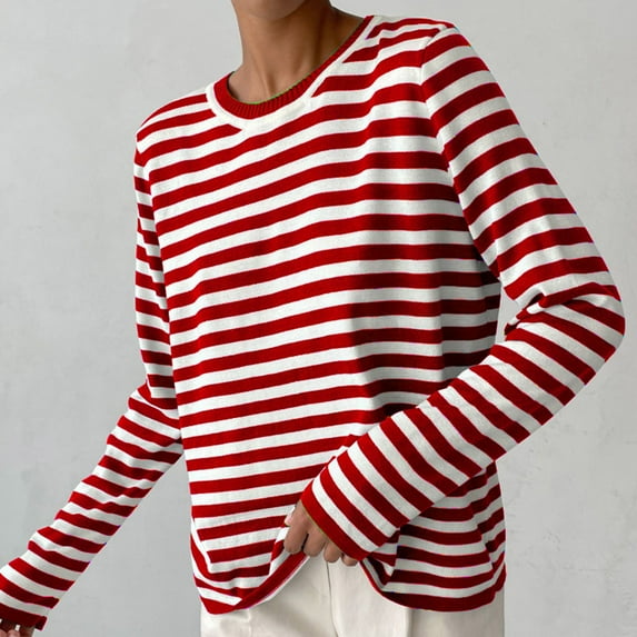 Lilgiuy Women's Comfortable Stripe Long Sleeve Round Neck Sweater Top for Going Out