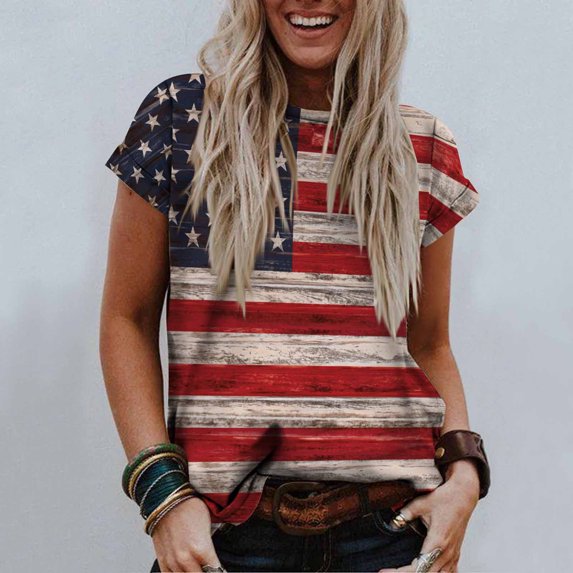 Lilgiuy Women's Comfortable Tops Fashion Casual Loose Blouse Independence Day Flag Printing Round Neck T-Shirt