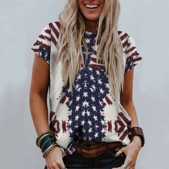 Lilgiuy Women's Comfortable Tops Fashion Casual Loose Blouse Independence Day Flag Printing Round Neck T-Shirt