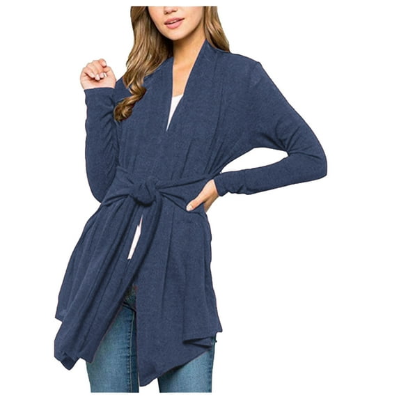 Lilgiuy Women’s Comfy Casual Solid Color Long Sleeve Lace Up Cardigan Top，Blue,6 Winter Clothes for 2022