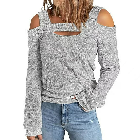Lilgiuy Women's Cusal Round Neck Leaky Shoulder Long Sleeve Lightweight Sweatshirts Solid Color Hedging Tops for Yoga