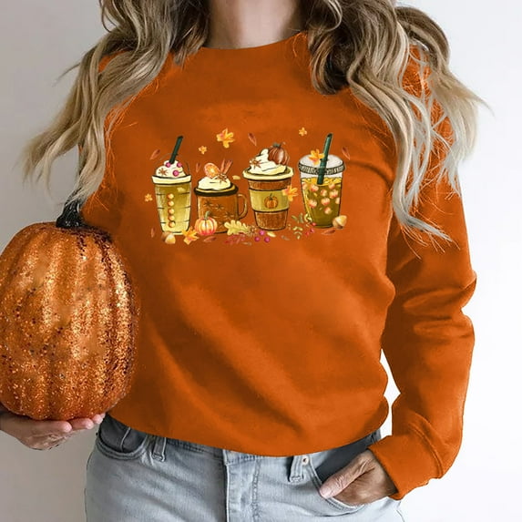 Lilgiuy Women's Fall Winter Tops Fashion Solid Color Cute Graphic Long Sleeve Halloween Sweatshirts Hoodless Pullover Shirts Gifts for Women Orange