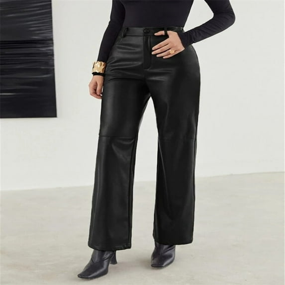 Lilgiuy Women's Fashion Autumn Winter High Waist Solid Solid Straight Pocket Leather Pants Trousers for Fishing Outdoor Activities