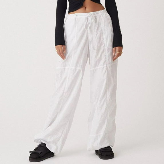 Lilgiuy Women's Fashion Casual Elastic Waist Drawstring Strap Solid Color Big Flare Wide Leg Pants Alt Clothing Alternative Clothing