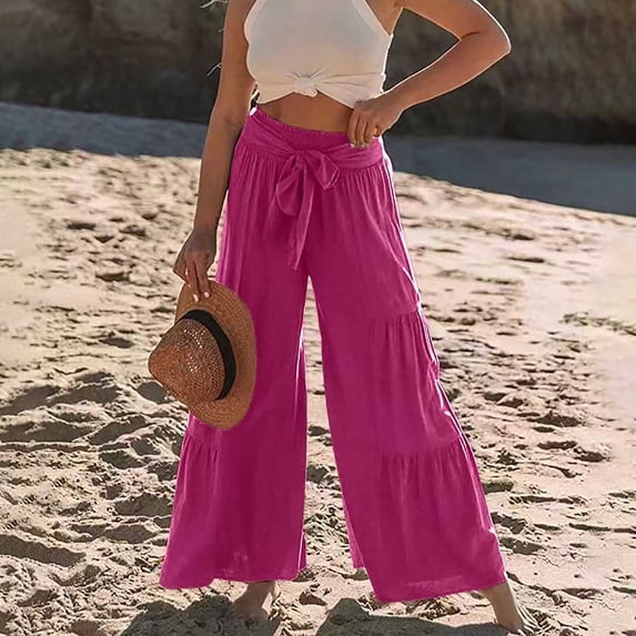 Lilgiuy Women's Fashion Casual High Waist Elastic Waist Drawstring Straps Solid Color Ruffle Wide Leg Long Pants Lightweight Versatile Going Out Pants