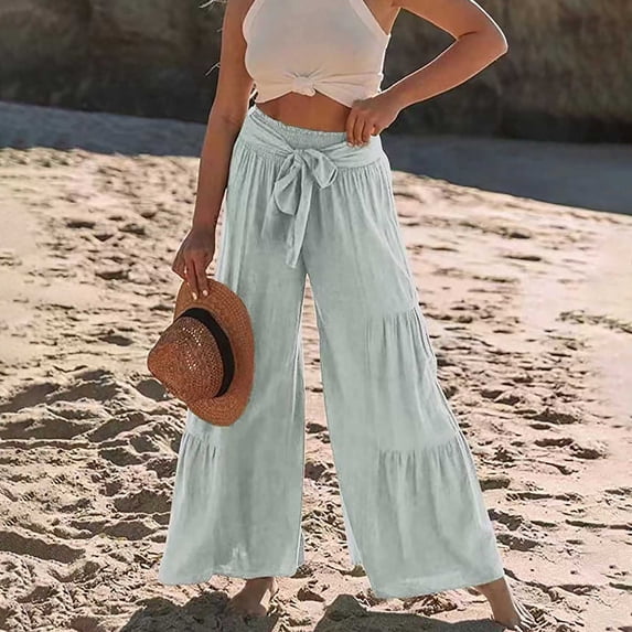 Lilgiuy Women's Fashion Casual High Waist Elastic Waist Drawstring Straps Solid Color Ruffle Wide Leg Long Pants Petite Classic Fit Proportioned Pant