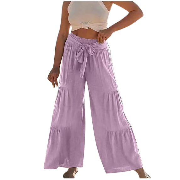 Lilgiuy Women's Fashion Casual High Waist Elastic Waist Drawstring Straps Solid Color Ruffle Wide Leg Long Pants Purple 12(XXL) Fall Fashion 2022 Spring Winter