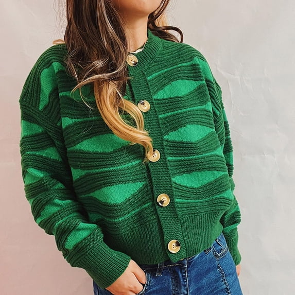 Lilgiuy Women's Fashion Casual Irregular Stripe Contrast Color Single Breasted Crewneck Cropped Cardigan Sweater Jacket for Outdoor Activities