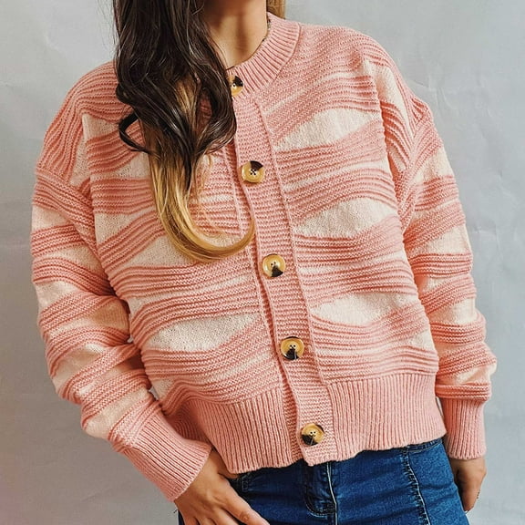 Lilgiuy Women's Fashion Casual Irregular Stripe Contrast Color Single Breasted Crewneck Cropped Cardigan Sweater Jacket for Sport Exercise Gym