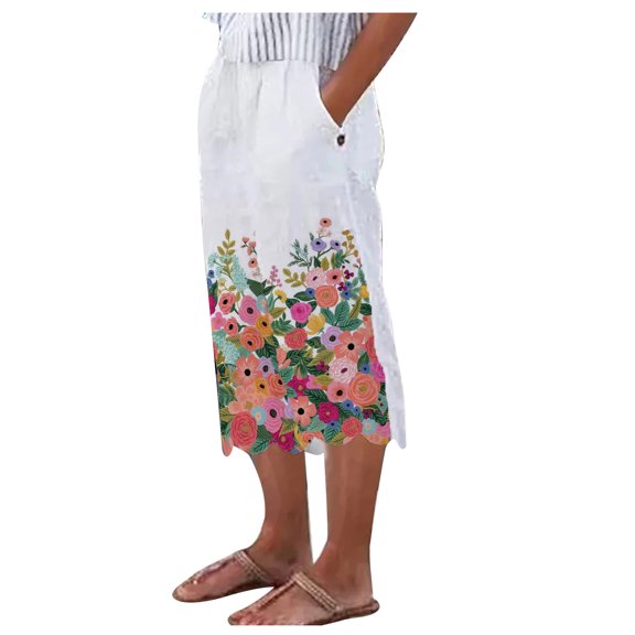 Lilgiuy Women's Fashion Casual Print Split Mid Waist Loose No Belt Elasticity Wide Leg Cropped Pants Multicolor 4(S) Winter Fashion 2022