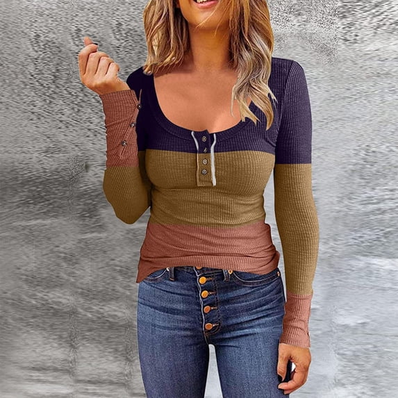 Lilgiuy Women's Fashion Casual Tops Crewneck Color Matching Buttons Slim Long Sleeve Blouse for Yoga