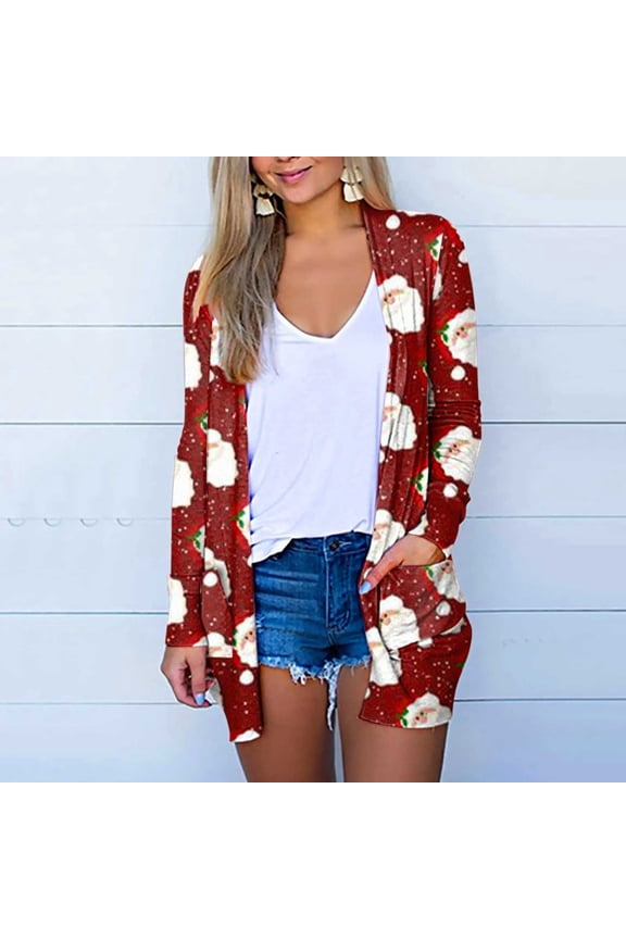 Women's Fashion Christmas Printed Coat Long Sleeve Cardigan With Pocket Loose Casual Blouse Tops for Snowboarding Skiing