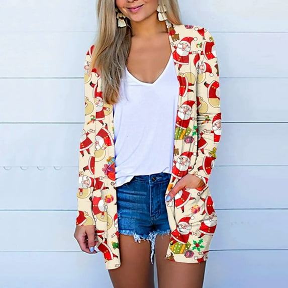 Lilgiuy Women's Fashion Christmas Printed Coat Long Sleeve Cardigan With Pocket Loose Casual Blouse Tops for Women and Teen Girls