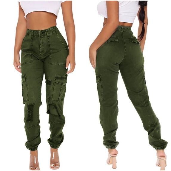 Lilgiuy Women's Fashion Denim Button Zipper High Waist Pockets Jean Camouflage Long Pants All Around Tummy Control Pants