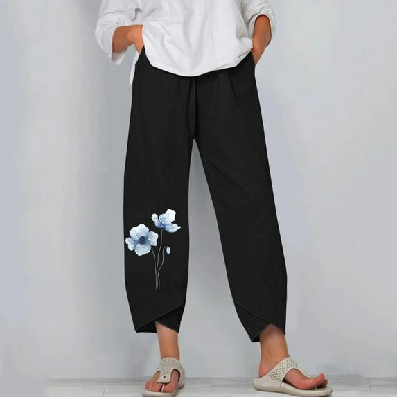 Lilgiuy Women's Fashion High Waist Straight Tube Petal Trouser Hem Print Cotton Hemp Versatile Casual Pants for Beach Party Vacation