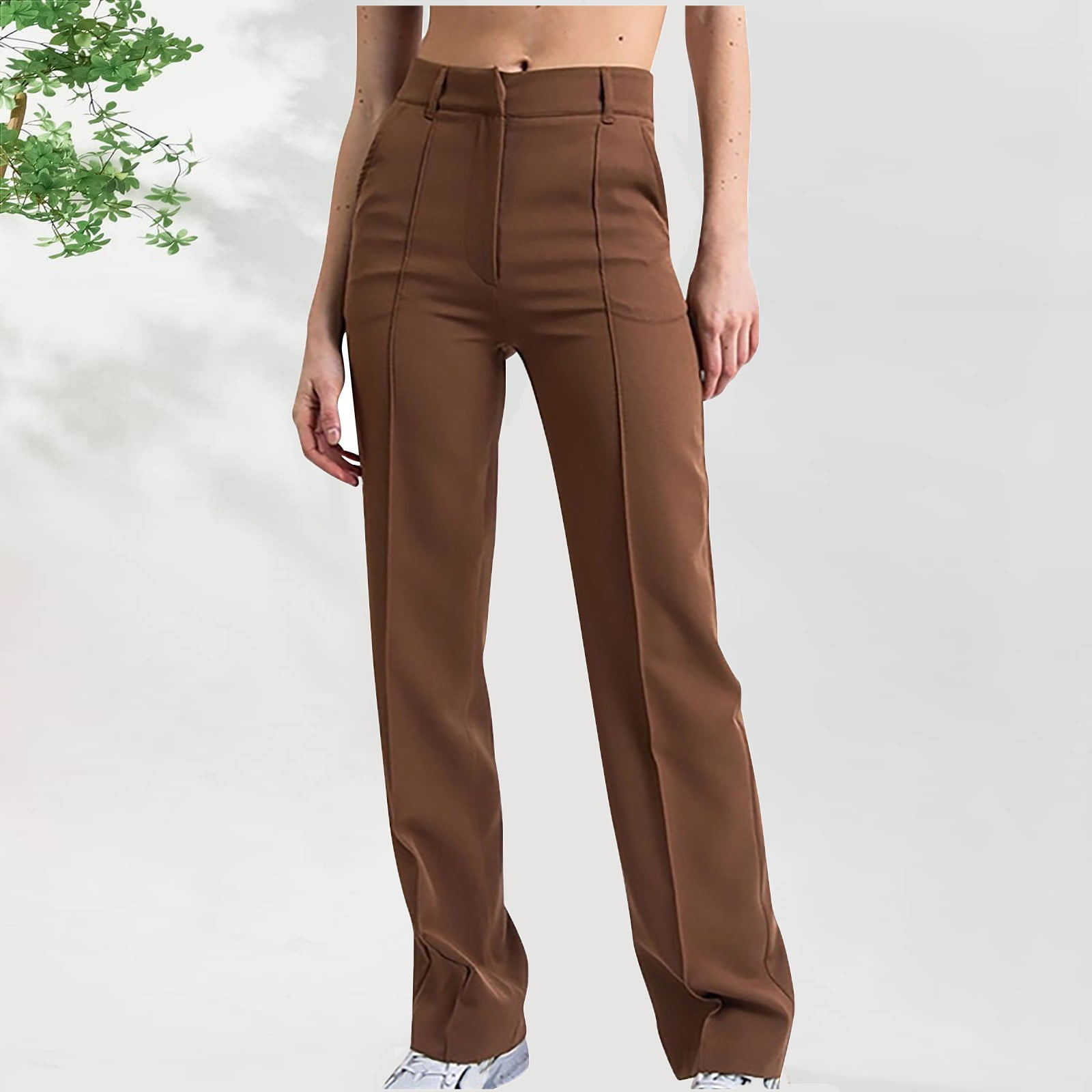 Lilgiuy Women's Fashion High Waist Wide Leg Pants Solid Color Versatile Casual Suit Pants for Formal Meeting Date, Size: 4(Small), Brown