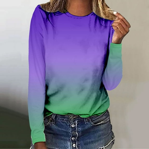 Lilgiuy Women's Fashion Printed Loose T-shirt Long Sleeves Blouse Round Neck Casual Tops for Fishing Hiking Climbing