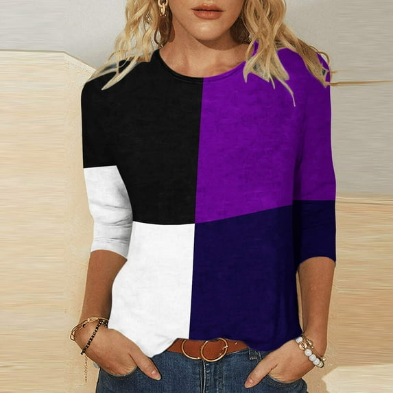 Lilgiuy Women's Fashion Printed Loose T-shirt Mid-length 3/4 Sleeves Blouse Round Neck Casual Tops for Work Office Business