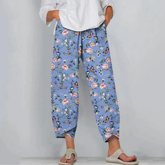 Lilgiuy Women's Fashion Summer Casual Loose Pocket Straight Printing Trousers Pants Lightweight Versatile Going Out Pants