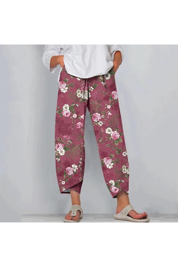 Women's Fashion Summer Casual Loose Pocket Straight Printing Trousers Pants for Errands Exercise