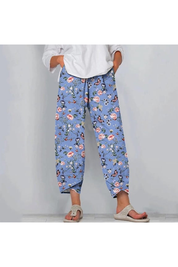 Women's Fashion Summer Casual Loose Pocket Straight Printing Trousers Pants for Fishing Outdoor Activities