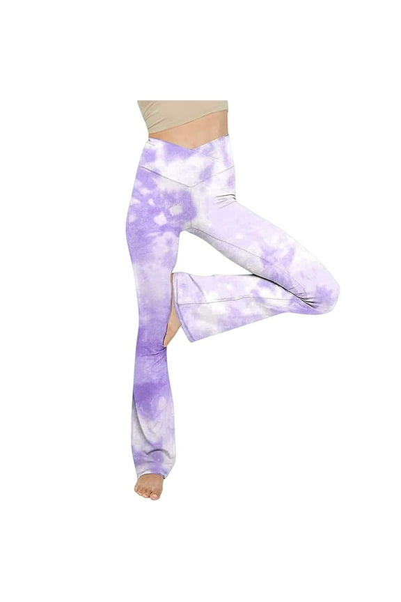 Women's Flare Yoga Pants Fashion Tie Dye Print V Crossover High Waisted Tummy Control Wide Leg Workout Pants for Ladies of All Body Types Purple(S-2XL)