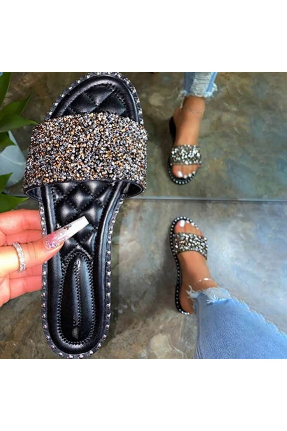 Women's Flat Sandals Glitter Shiny Rhinestone One Band Round Open Toe Trendy Slide Sandals Women Dressy Summer Beach Slippers for Seaside Hawaiian(Black,9.5-10)