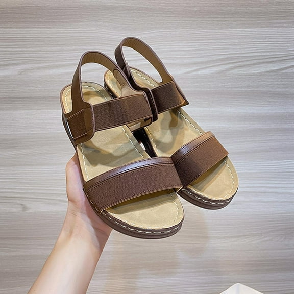 Lilgiuy Women’s Flat Sandals Open Toe Elastic Thick Bottom Slope Heel Ankle Strap Slip on Comfy Low Wedge Sandals for Beach Swimming Pool