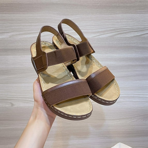 Lilgiuy Women’s Flat Sandals Open Toe Elastic Thick Bottom Slope Heel Ankle Strap Slip on Comfy Low Wedge Sandals for Beach Swimming Pool