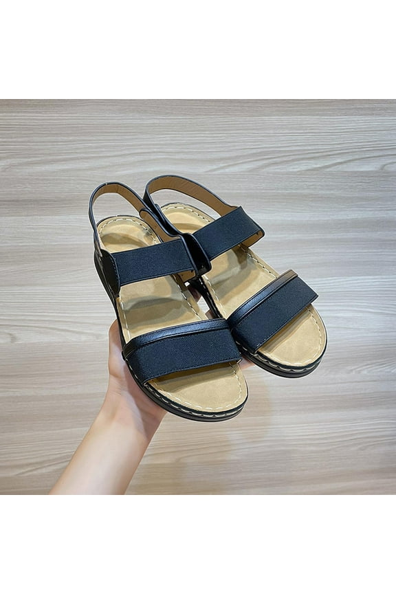 Women’s Flat Sandals Open Toe Elastic Thick Bottom Slope Heel Ankle Strap Slip on Comfy Low Wedge Sandals for Beach Swimming Pool