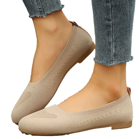 Lilgiuy Women's Flats Mesh Slip on Shoes Breathable Mesh Knit Shoes Comfortable Lightweight Loafers Casual Walking Shoes Streetwear(Beige,5.5)
