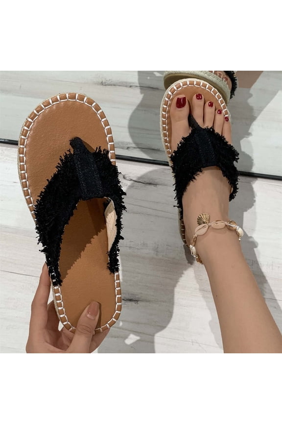 Women's Flip Flops Casual Comfortable Thong Sandal with Arch Support Espadrille Flat Sandals Straw Beach Sandals Slippers for Seaside Hawaiian(Black,8.5)